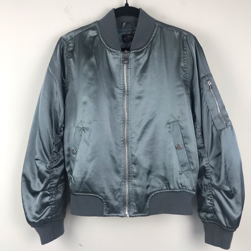 Topshop Bomber Jacket Blue Grey Satin Zip Front Size 4